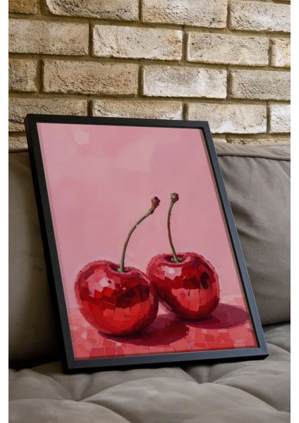 Siyah Çerçeveli Tablo, Kırmızı Kiraz Minimal Illüstrasyonu, Mutfak Dekoru Poster No: 110025 indirimleri