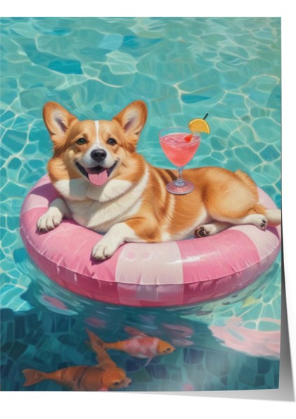 Çerçevesiz Poster, Pembe Simitli Yüzen Köpek, Genç Odası Dekoru Poster No: 110033