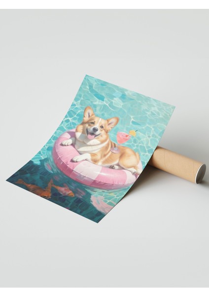 Çerçevesiz Poster, Pembe Simitli Yüzen Köpek, Genç Odası Dekoru Poster No: 110033 modelleri