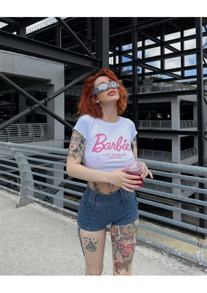 Kadın Siyah ve Beyaz 2 Adet Barbie Baskılı Los Angeles Kısa Kollu Crop Tshirt fiyatları