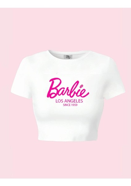 Kadın Siyah ve Beyaz 2 Adet Barbie Baskılı Los Angeles Kısa Kollu Crop Tshirt fırsatları