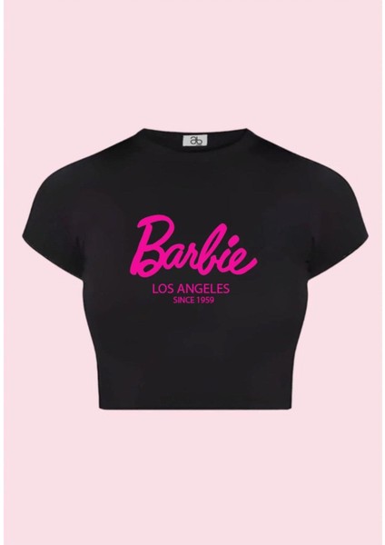 Kadın Siyah ve Beyaz 2 Adet Barbie Baskılı Los Angeles Kısa Kollu Crop Tshirt indirimleri