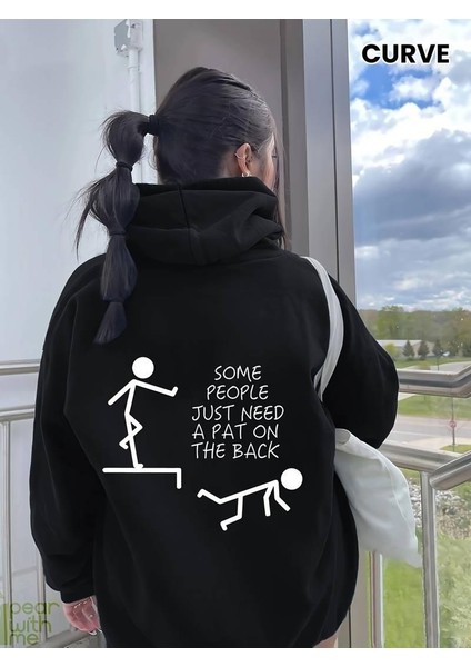 Slogan Baskılı Siyah Kapşonlu Sweatshirt