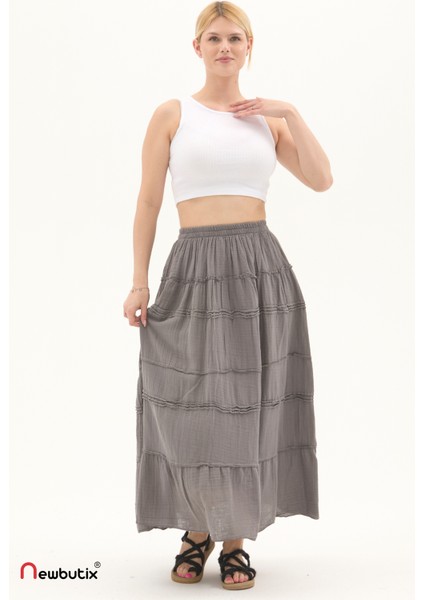 Gri Müslin Uzun Yazlık Etek