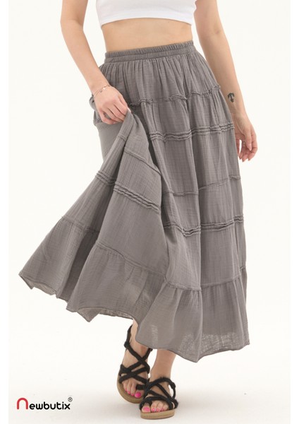 Gri Müslin Uzun Yazlık Etek modelleri