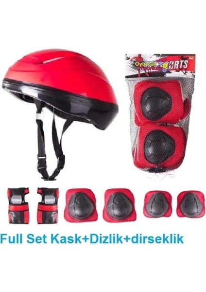 Çocuk Için Kask Dizlik Dirseklik Koruyucu Set Kırmızı