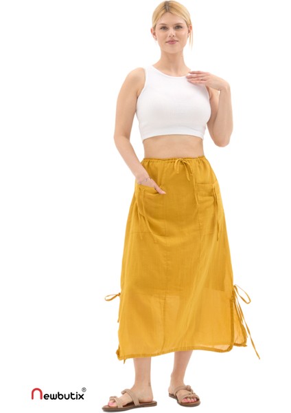 Hardal Vual Bağlama Detay Midi Boy Yazlık Etek