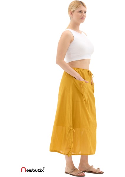 Hardal Vual Bağlama Detay Midi Boy Yazlık Etek fırsatları