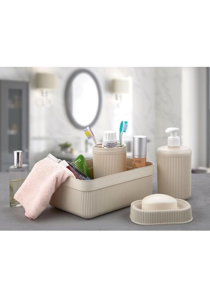 Krem 4 Parça Banyo Seti Diş Fırçalık Sıvı Sabunluk Katı Sabunluk ve Banyo Düzenleyici