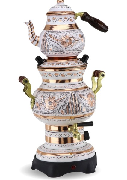 Beyaz Gül Çiçek Topak Elektrikli Isı Ayarlı Minik Bakır Semaver