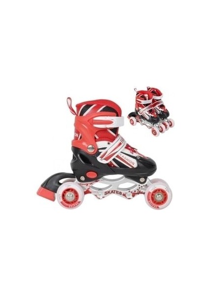 Unisex Çocuk Kırmızı Pateni 2+2 Teker Alıştırma Teker ve Numara Ayarlı Kırmızı Başlangıç Pateni