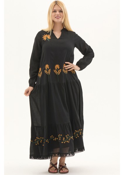 Şile Bezi Siyah Uzun Kol Nakışlı Uzun Yazlık Elbise