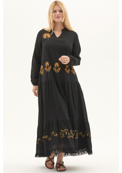 Şile Bezi Siyah Uzun Kol Nakışlı Uzun Yazlık Elbise fiyatları