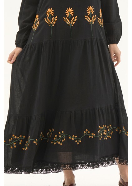 Şile Bezi Siyah Uzun Kol Nakışlı Uzun Yazlık Elbise fırsatları