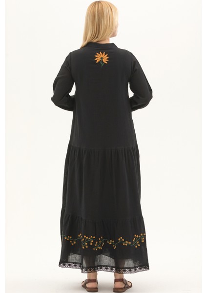 Şile Bezi Siyah Uzun Kol Nakışlı Uzun Yazlık Elbise indirimleri