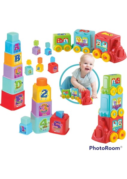 Rengarenk Geliştirici Kare Bultaklı Kule Tekerlekli 3 Vagonulu Tren Oyun Seti 2 Li Eğitici Oyuncak