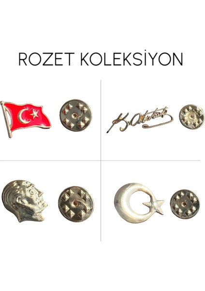 4 Adet Türk Gümüş Kaplama Rozet - Koleksiyon Türkiye Atatürk Ata Bayrak Ayyıldız Rozet