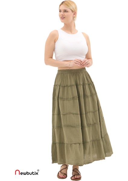 Haki Müslin Uzun Yazlık Etek
