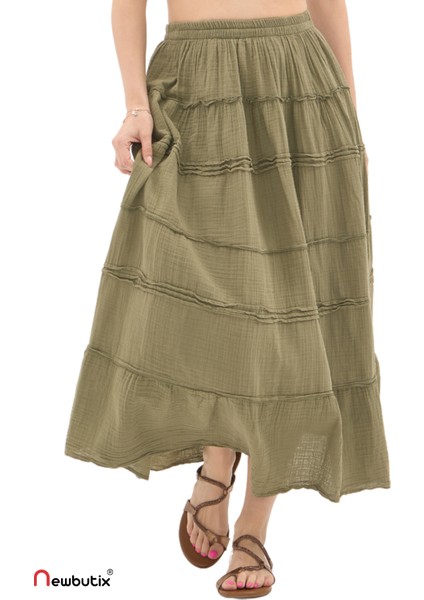 Haki Müslin Uzun Yazlık Etek modelleri