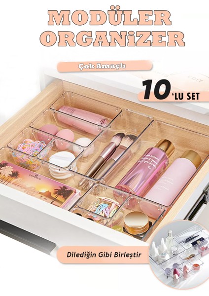 10'lu Modüler Makyaj Malzemeleri ve Takı Organizeri Çekmece Düzenleyici Set