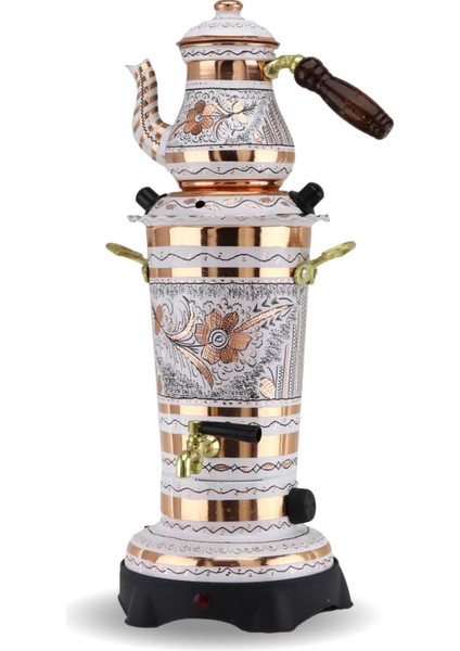 Beyaz Gül Çiçek Elektrikli Isı Ayarlı Minik Bakır Semaver