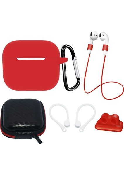 6 In 1 Apple Airpods Için 3 Taşınabilir Taşıma Çantası Kulaklık Silikon Kılıf Seti Kulakiçi Tutucu/anti-Kayıp Boyun Askısı-Kırmızı (Yurt Dışından)