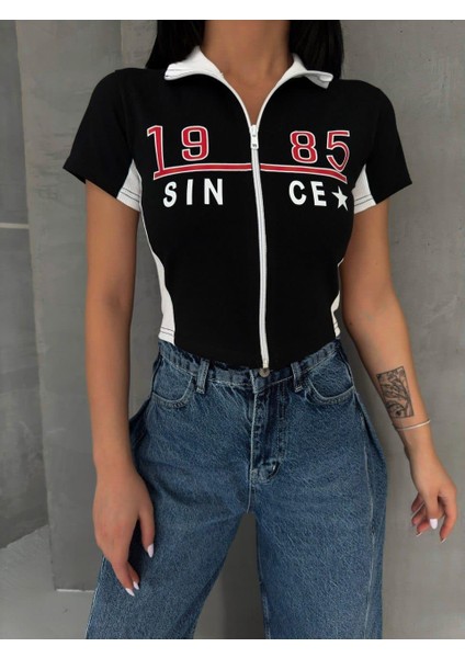 1985 Since Baskılı Fermuarlı Crop Bluz