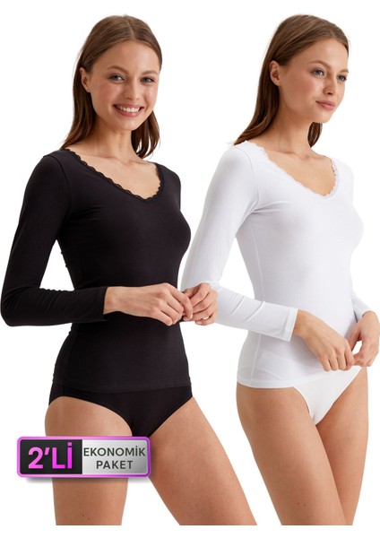 2'li Ekonomik Paket Siyah-Beyaz 1029 Dantelli V Yaka Basic Pamuklu Uzun Kollu T-Shirt / Atlet Set