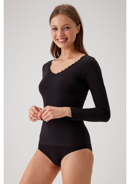 2'li Ekonomik Paket Siyah-Beyaz 1029 Dantelli V Yaka Basic Pamuklu Uzun Kollu T-Shirt / Atlet Set fiyatları