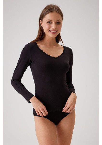 2'li Ekonomik Paket Siyah-Beyaz 1029 Dantelli V Yaka Basic Pamuklu Uzun Kollu T-Shirt / Atlet Set modelleri