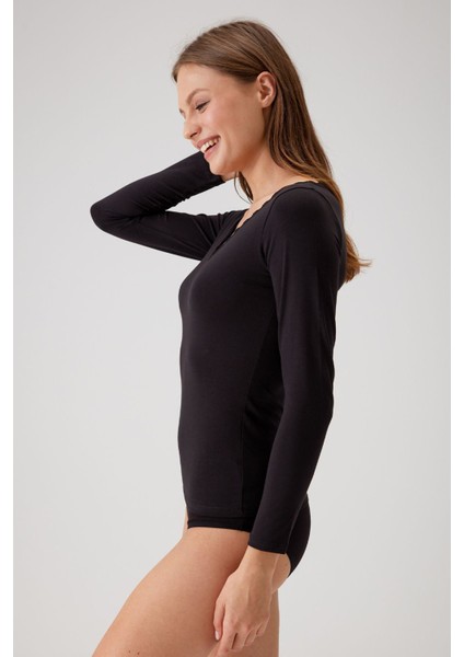 2'li Ekonomik Paket Siyah-Beyaz 1029 Dantelli V Yaka Basic Pamuklu Uzun Kollu T-Shirt / Atlet Set fırsatları