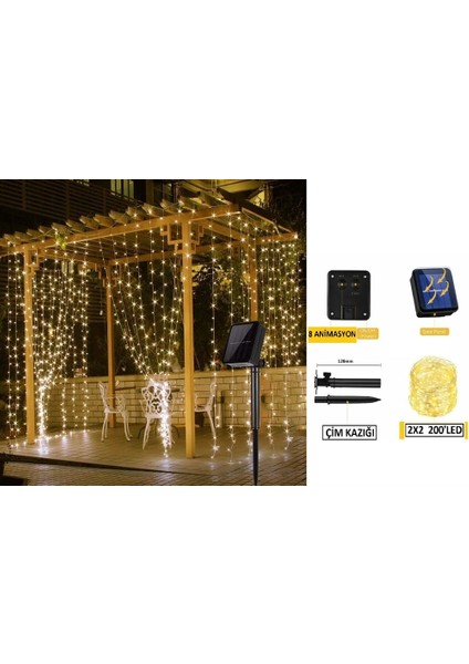 Solarlı 2x2 Metre Perde LED Solarlı Peri Tel LED Günışığı