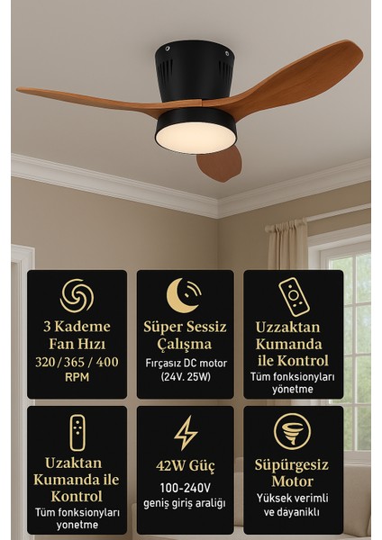 Modern Dekoratif LED Işıklı Tavan Vantilatörü | Süper Sessiz Motor | Uzaktan Kumandalı 3 Kademe Hız