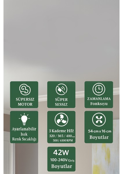 Modern Dekoratif LED Işıklı Tavan Vantilatörü | Süper Sessiz Motor | Uzaktan Kumandalı 3 Kademe Hız indirimleri