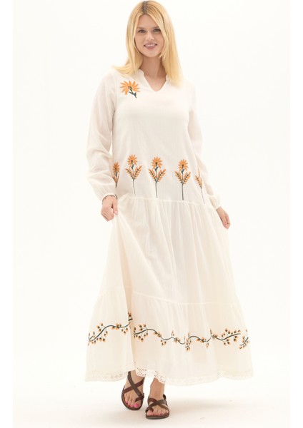 Şile Bezi Krem Uzun Kol Nakışlı Uzun Yazlık Elbise