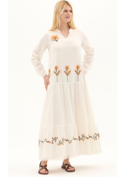 Şile Bezi Krem Uzun Kol Nakışlı Uzun Yazlık Elbise fiyatları