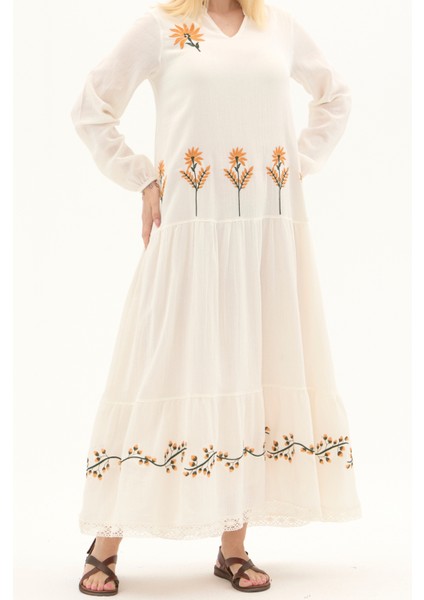 Şile Bezi Krem Uzun Kol Nakışlı Uzun Yazlık Elbise modelleri