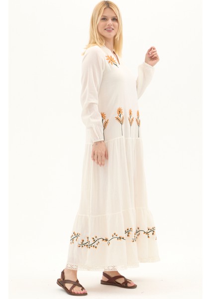 Şile Bezi Krem Uzun Kol Nakışlı Uzun Yazlık Elbise fırsatları