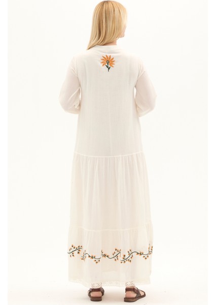 Şile Bezi Krem Uzun Kol Nakışlı Uzun Yazlık Elbise indirimleri