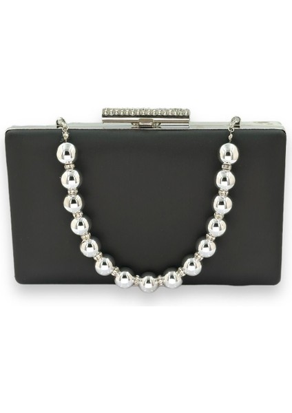 Siyah Renk Çizilmeyen El Izi Yapmayan Mat Saten Inci Saplı Abiye Çanta Gece Çantası Portföy Clutch