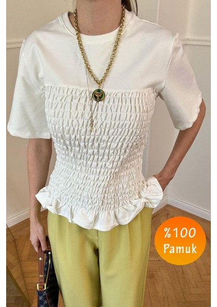 Kadın Ekru Beyaz Full Gipeli Lastikli Kısa Kollu Elegant %100 Pamuk Tişört Bluz