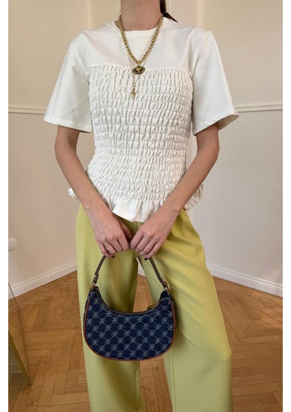 Kadın Ekru Beyaz Full Gipeli Lastikli Kısa Kollu Elegant %100 Pamuk Tişört Bluz fiyatları