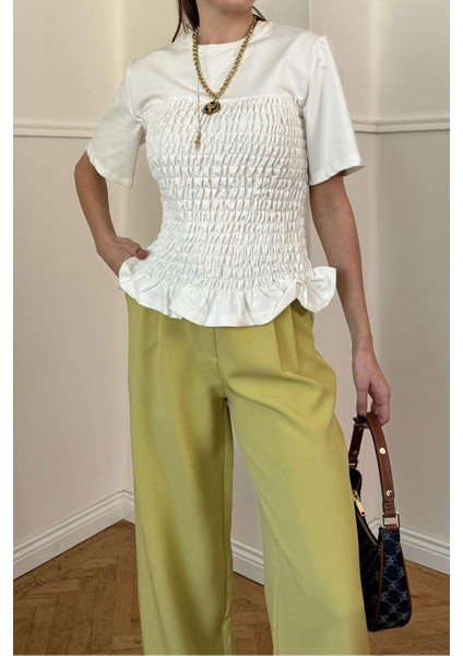 Kadın Ekru Beyaz Full Gipeli Lastikli Kısa Kollu Elegant %100 Pamuk Tişört Bluz fırsatları