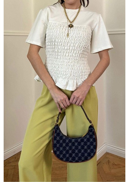 Kadın Ekru Beyaz Full Gipeli Lastikli Kısa Kollu Elegant %100 Pamuk Tişört Bluz indirimleri