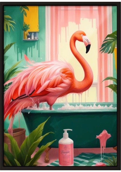 Siyah Çerçeveli Tablo, Flamingo ve Havuz – Tropikal Illüstrasyon, Banyo Dekoru Poster No: 109904