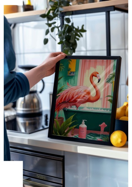 Siyah Çerçeveli Tablo, Flamingo ve Havuz – Tropikal Illüstrasyon, Banyo Dekoru Poster No: 109904 modelleri