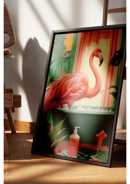 Siyah Çerçeveli Tablo, Flamingo ve Havuz – Tropikal Illüstrasyon, Banyo Dekoru Poster No: 109904 fırsatları