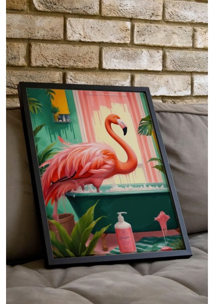 Siyah Çerçeveli Tablo, Flamingo ve Havuz – Tropikal Illüstrasyon, Banyo Dekoru Poster No: 109904 indirimleri