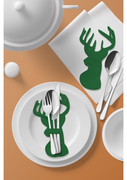 6 Adet Yeşil Yılbaşı Geyik Desenli Yılbaşı Dekoratif Kaşıklık, Yeni Yıl Sofrası Aksesuarı, Dekoratif Keçe Kaşıklık, Yeni Yıl modelleri