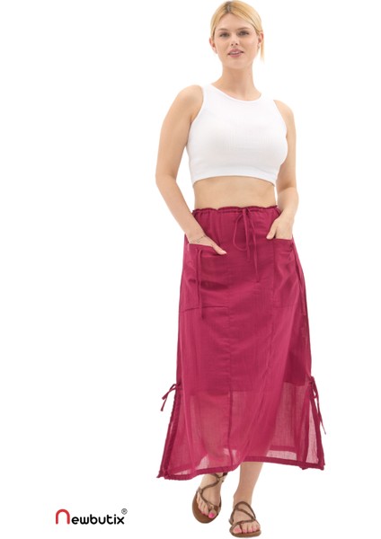 Bordo Vual Bağlama Detay Midi Boy Yazlık Etek